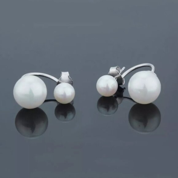 Dainty Double Pearl Drop Elegant Stud Dangle Post Earring Earrings - Picture 6 of 6